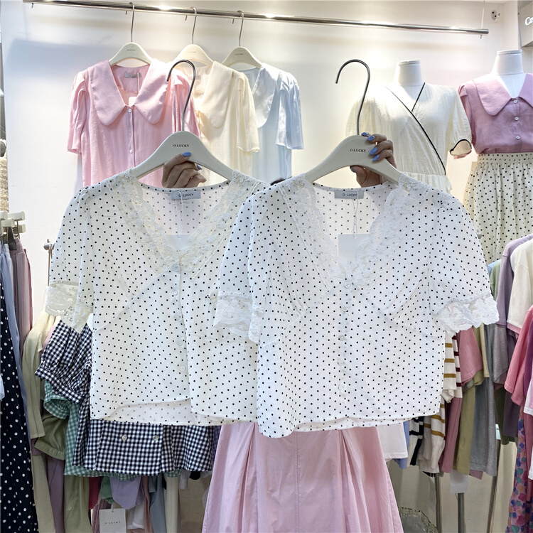 New in early summer! [o.lucky] V-neck wave point fashion shirt 1677# HBx