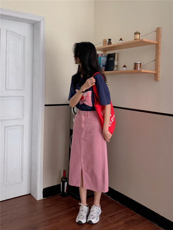 New in early summer! [lini] Korean denim split mid length skirt 521r036# zxx
