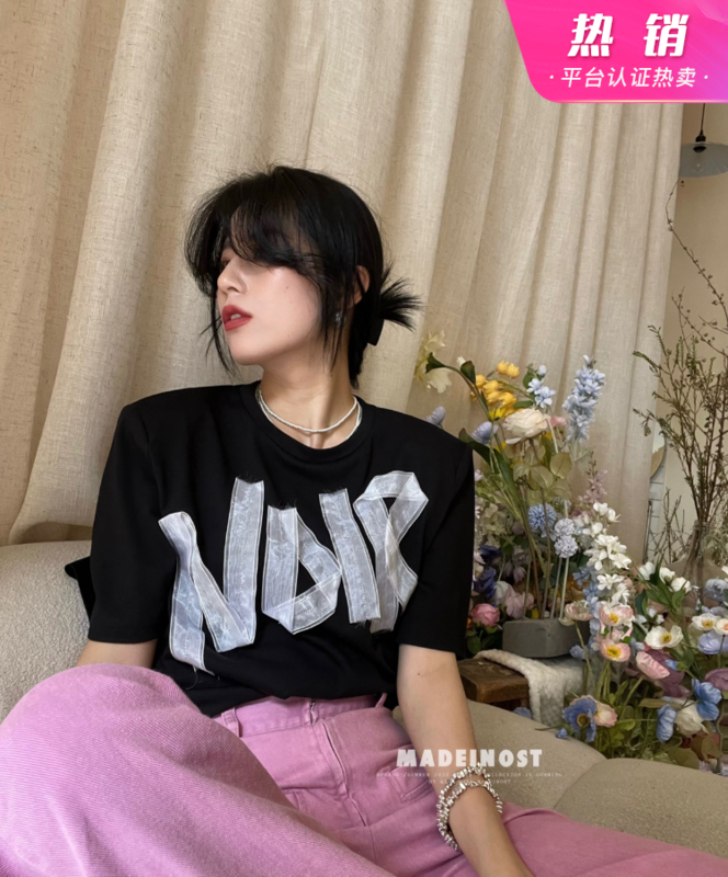 [OSHA madeinost] winding yarn letter loose shoulder pad short sleeve T-shirt 86338# ll