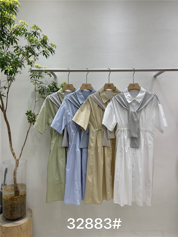 New in early summer! [woo woo shop] Korean fashion single breasted waist closing fake two-piece dress 32883# WPL