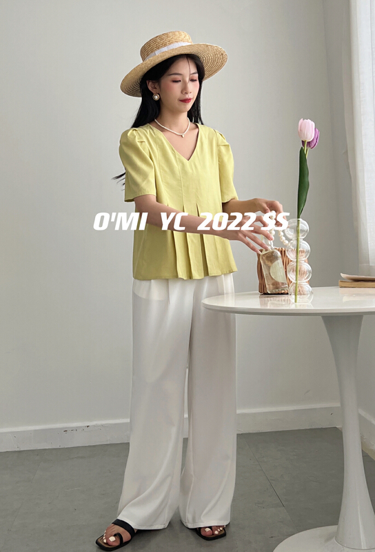 [O MI] Korean V-neck finishing pleated shirt ys-8632# HBx