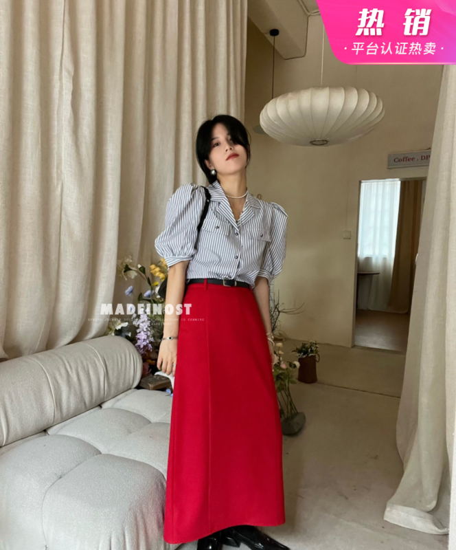 [OSHA madeinost] bubble sleeve Vintage stripe blouse 86352# ll