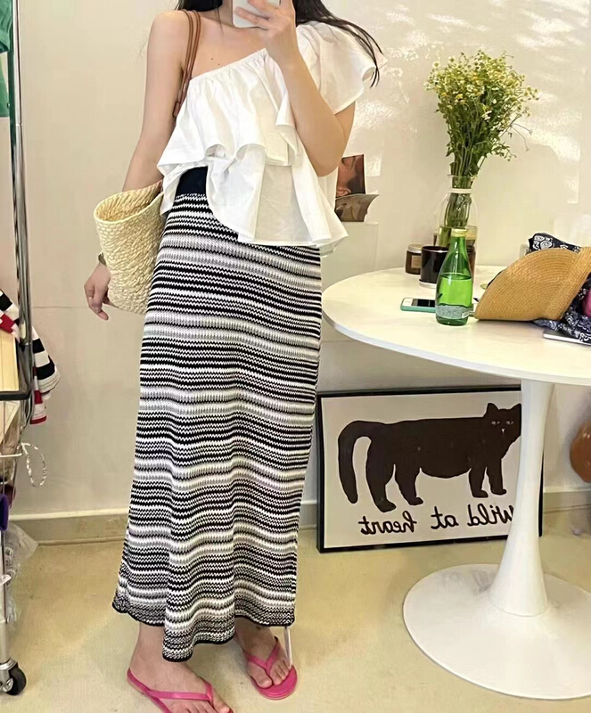 [moment with you] straight tube high waist medium length linen stripe skirt yh039# LSW
