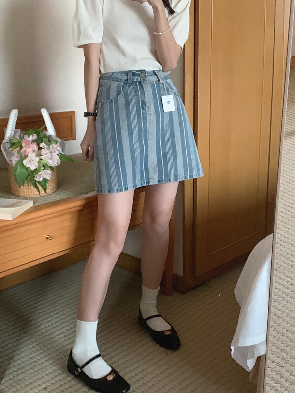New in early summer! [meet me] design striped denim skirt 61235# ll