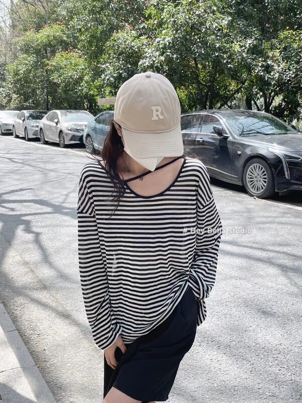 [hey Bella] crew neck stripe comfortable long sleeve T-shirt ys1-2331# ll
