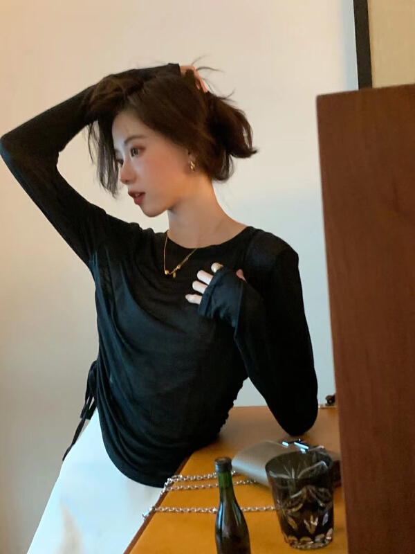 New in early summer! [1to3] drawstring round neck casual long sleeve T-shirt 8070# LSW