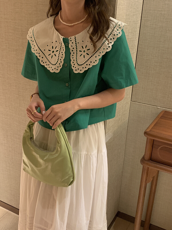 [on line] color blocking hollow out lace collar western style blouse 3377# lwy