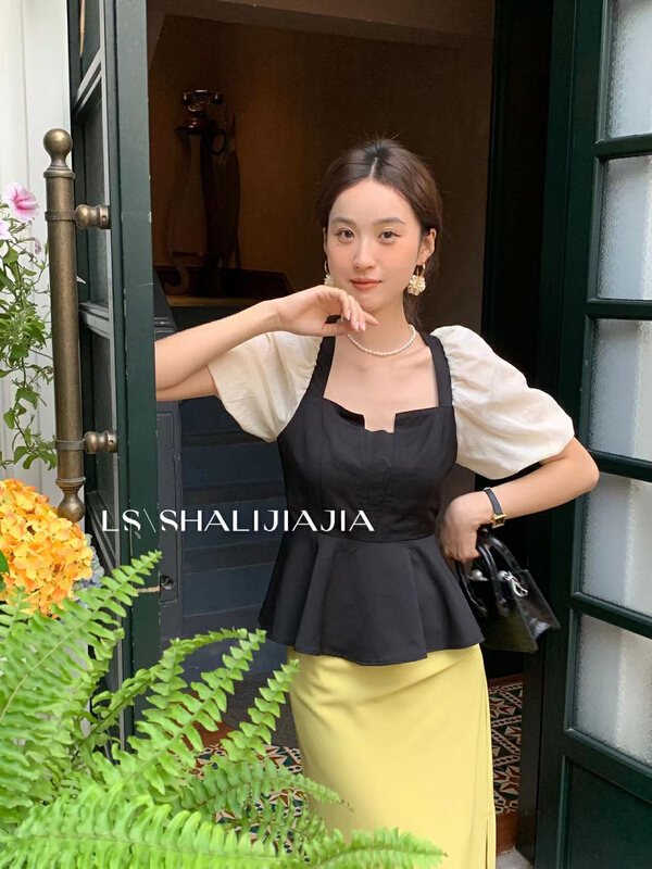 Spot! New in early summer! "LS" bubble sleeve color matching fashion shirt 9652# WPL