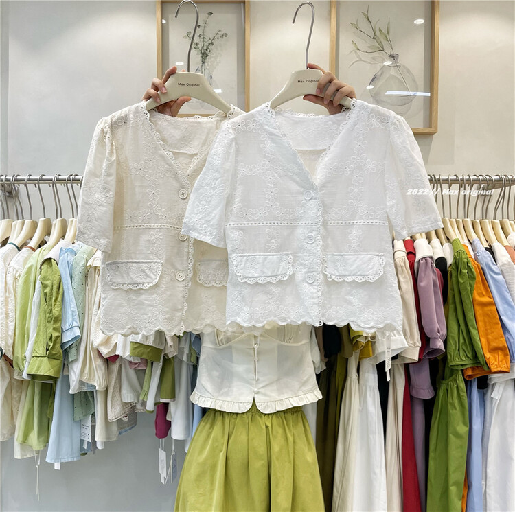 [Max original] V-neck embroidered breasted shirt 98199# HBx