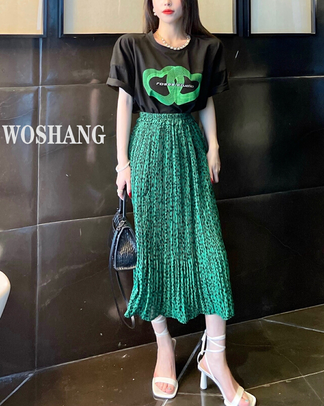 [woshang] pleated floral medium length Vintage skirt 1203# XYJ