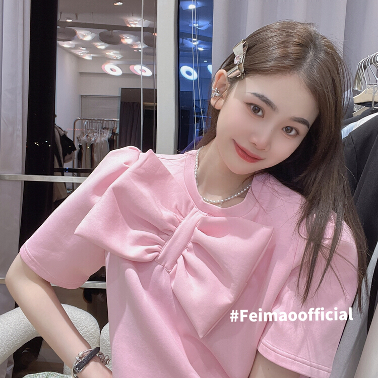 [Feimao Philippine cat] Korean bubble sleeve bow short sleeve T-shirt ym-7018# LSL