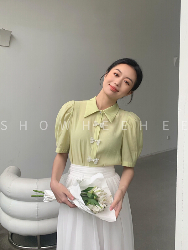 New in early summer! [xiuxixi] sweet and elegant exquisite shirt (non detachable bow) 9075# zxx