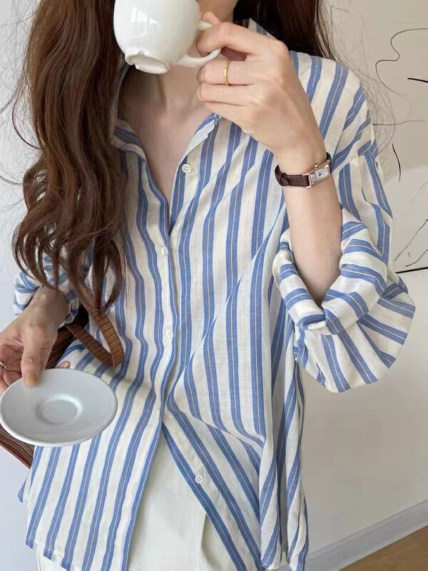 New in early summer! [magic Qiqi] French retro lazy stripe shirt 1515# ll