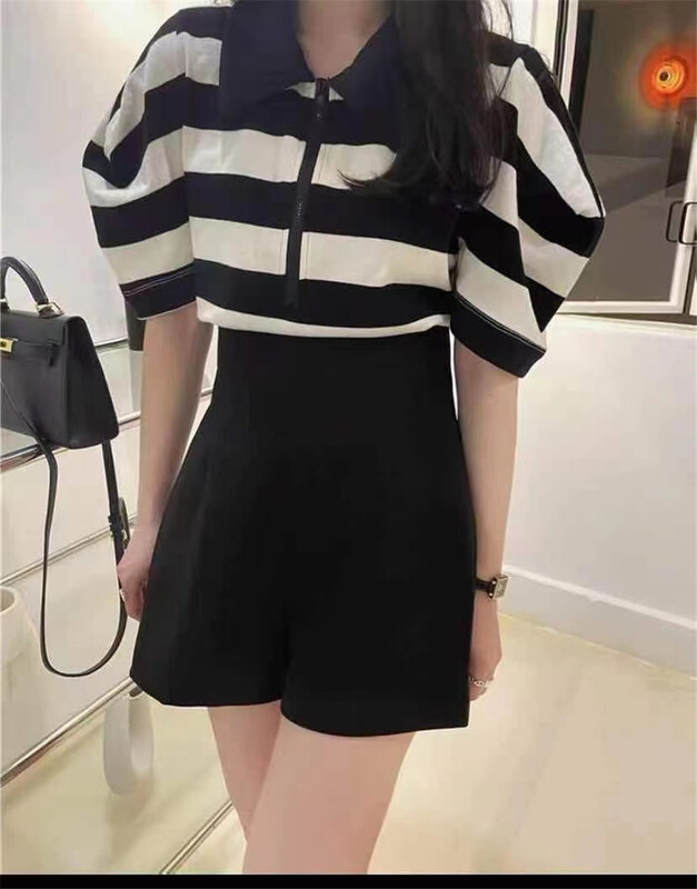 New in early summer! [Susan] casual Polo neck stripe short sleeve T-shirt z1105# LSW