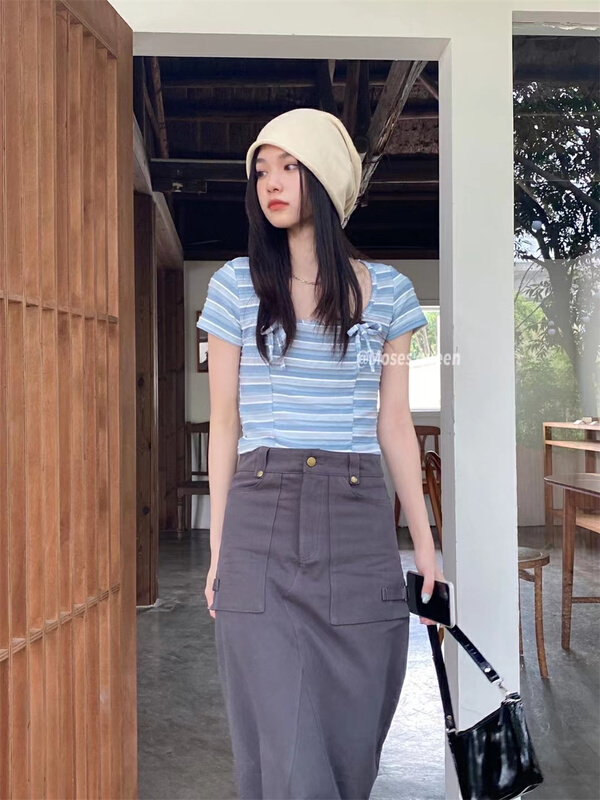 [Moses queen] Korean version pure desire wind stripe square neck exposed navel short sleeve T-shirt 50232# zjy