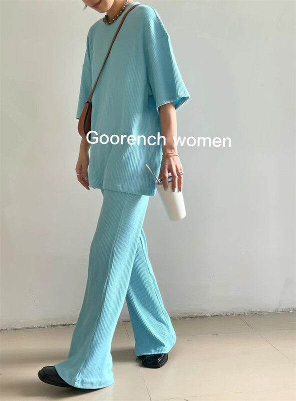 goods in stock! [cool woman] simple solid color short sleeve T-shirt + loose comfortable casual pants set wt049# CLS