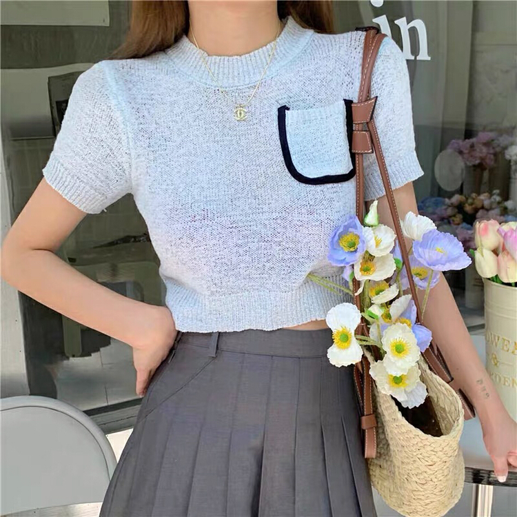 [blue show] simple contrast color single pocket sweater 6081# LSW