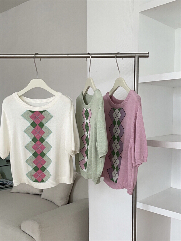 [about me] crew neck Pullover diamond check sweater 219080# cqw