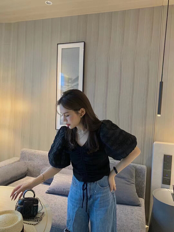 [lidada] fashion V-neck drawstring bubble sleeve shirt 2983# HBx