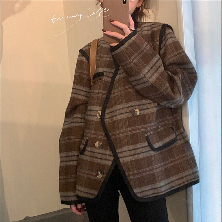 Early winter NEW! [timely rain] Han Feng ins xiaoxiangfeng bonded V-neck Plaid suit wool short coat ra32# YYW