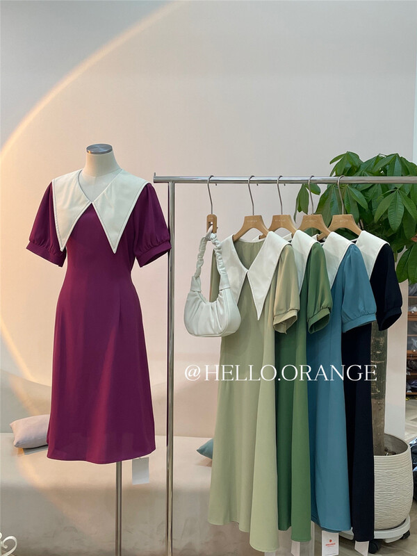 [orange] temperament color blocking large lapel bubble sleeve lace up waist closing dress 8833# HBx