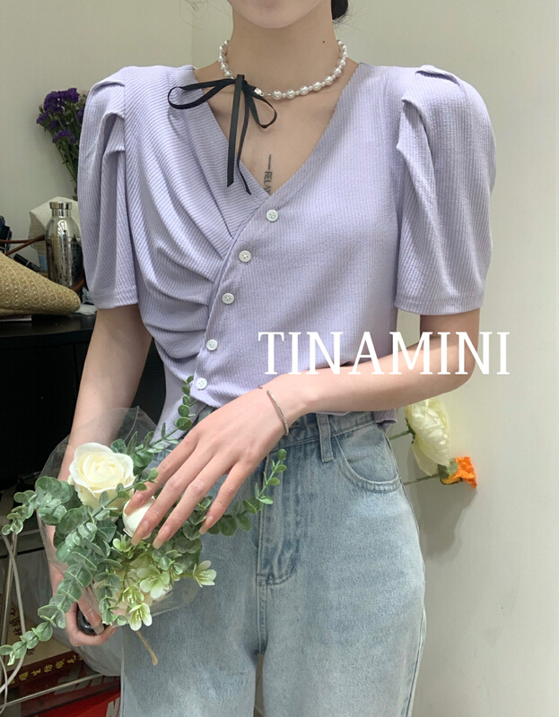 New in early summer! [tinamini] French bubble sleeve diagonal button irregular small shirt m0110# hjy