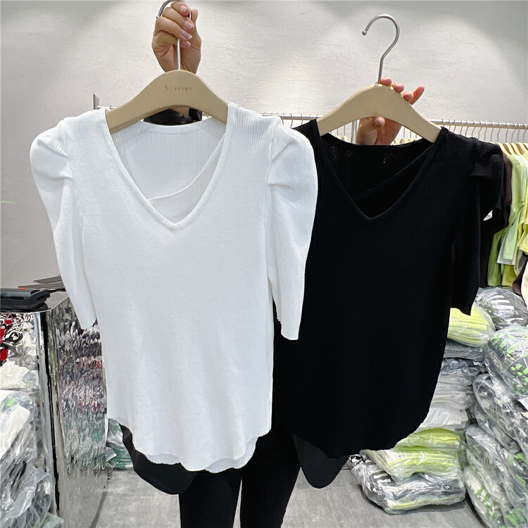 goods in stock! New in early summer! [s'seven] bubble sleeve V-neck striped T-shirt 049# XYJ