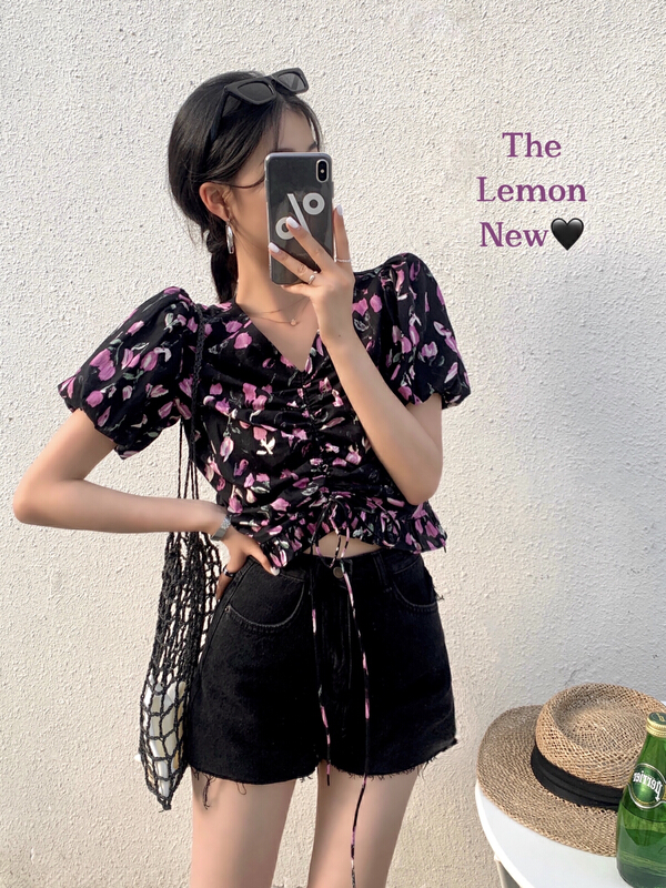 [lemon green tea] Korean printed drawstring short shirt 2150# hjy