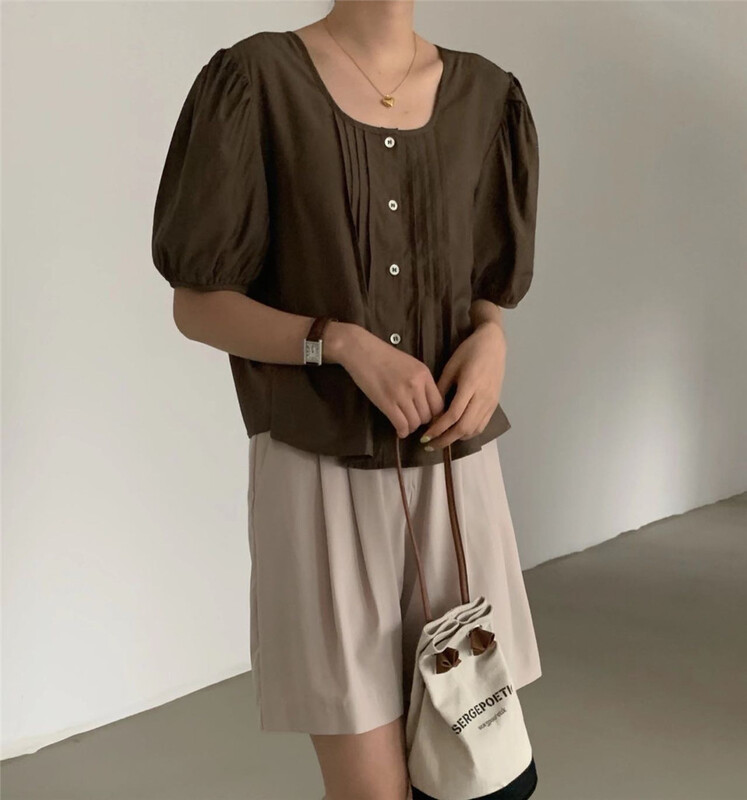 [wanna] Korean solid color bubble sleeve button up shirt 89136# cqw