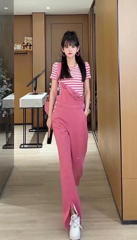 New in early summer! [JH] net red stripe short sleeved T-shirt + age reducing suspender two-piece suit (not including matching) 41294# PCZ