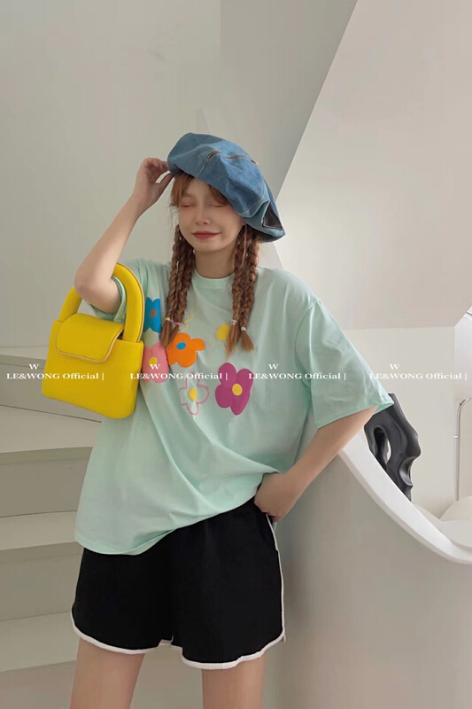 [le&wong] young girls' Fresh Foaming three-dimensional printed flower short sleeve T-shirt 8863\wtt