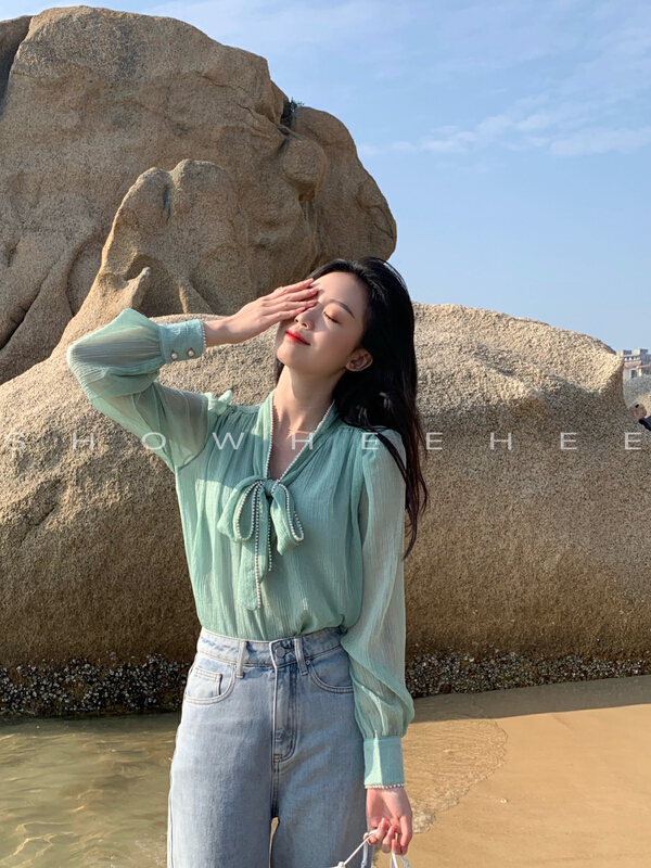 File mouth explosion! [xiuxixi] elegant pearl inlaid exquisite versatile bandage blouse 7772# zxx