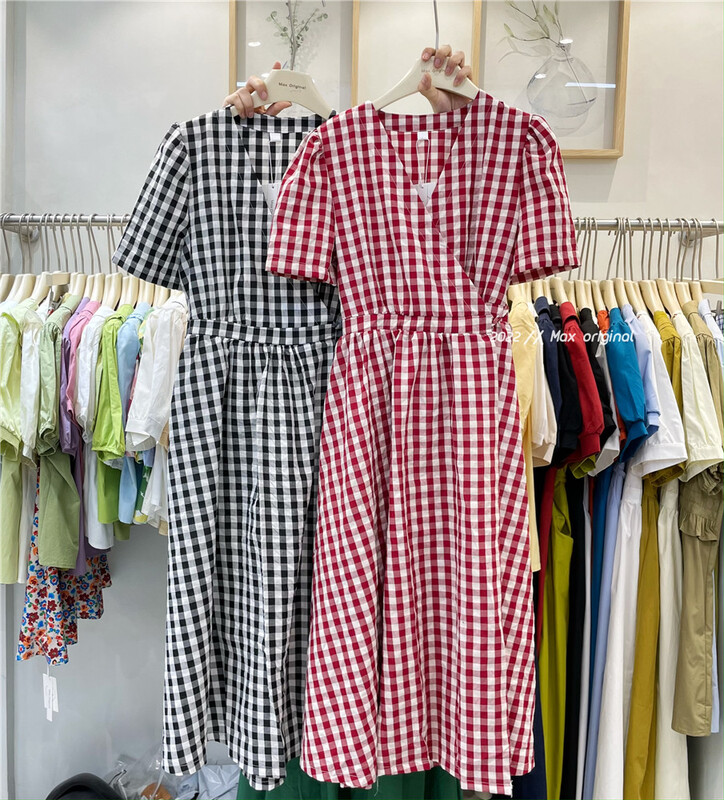 [Max original] fashion V-neck Plaid Dress 98132# HBx