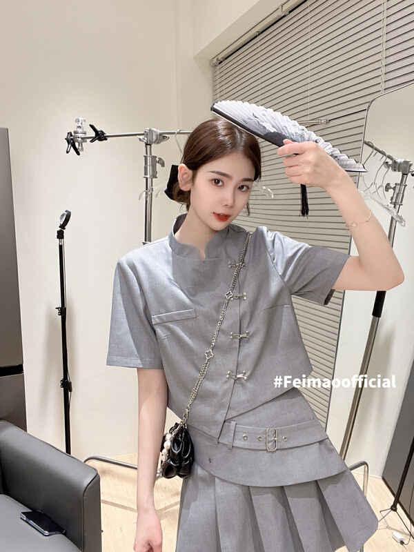 goods in stock! New in early summer! [Feimao Philippine cat] Korean dish button short sleeve suit + A-line pleated skirt suit ym-7459# LSL