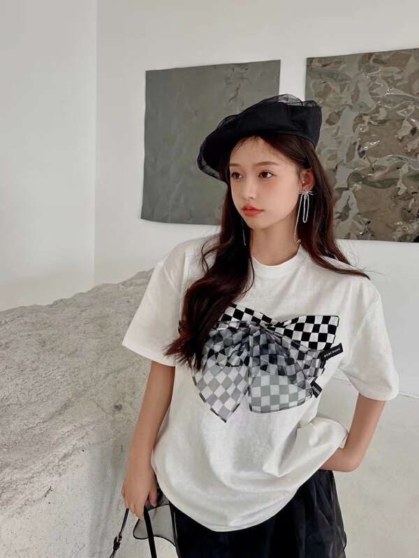 [Dore Dore] sweet cool style three-dimensional checkerboard decorative short sleeve T-shirt 1229# ozq