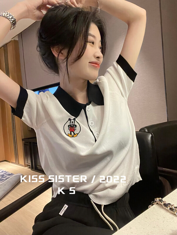 [kiss sister] Korean Polo neck Mickey embroidered ice silk sweater 22m8027# ozq