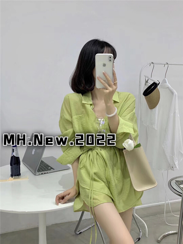 [M.H] loose and versatile shirt + comfortable casual shorts two piece suit (with waist rope) 8306# PCZ