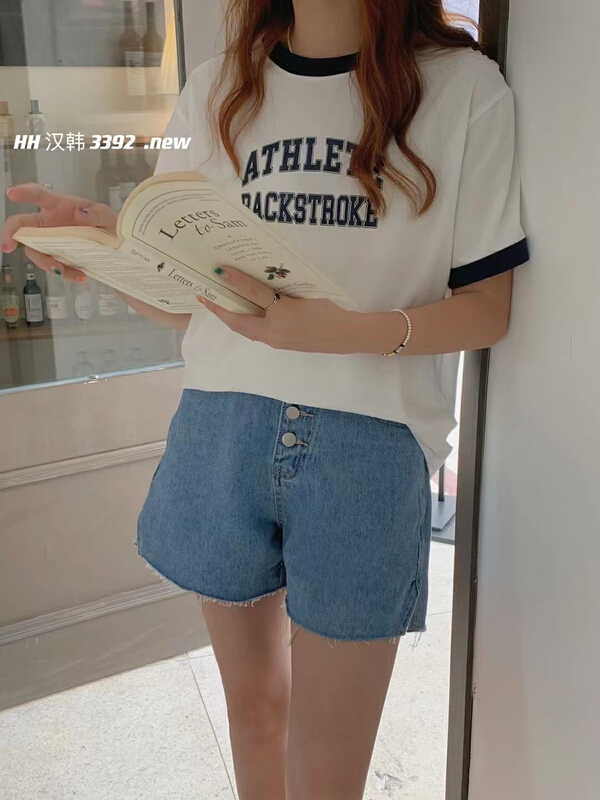 [HH & miss Lai] crew neck color block letter printed short sleeve T-shirt 3392# L