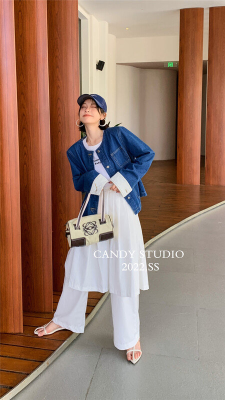 [candy] Korean color matching sleeve round neck short denim jacket b8069# ZSY