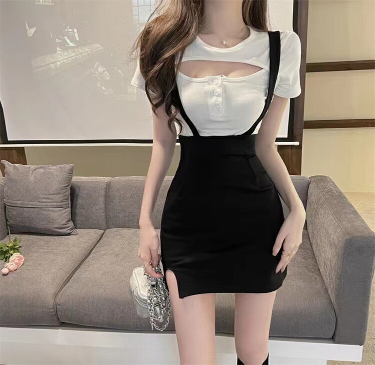 New in early summer! [HH] Korean versatile short sleeved T-shirt + cross skirt suit 2442# LSL
