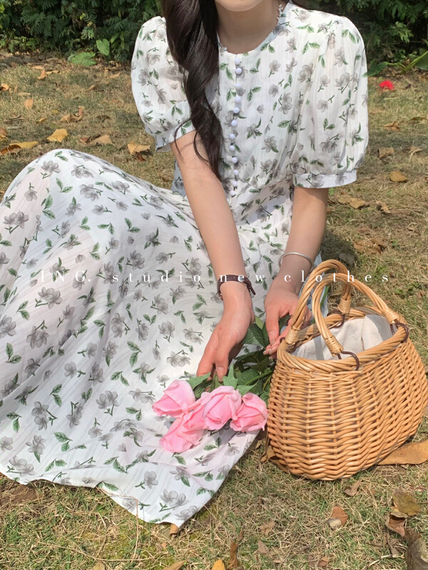 [ing] fresh and sweet round neck high waist slim Decor dress 6135# ZSY