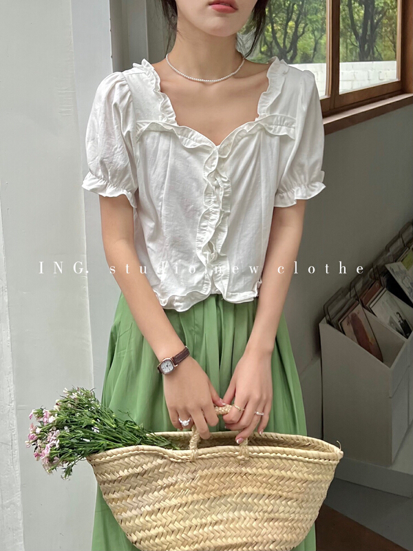 [ing] French gentle square neck, fungus side bubble sleeve shirt 7773# HBx