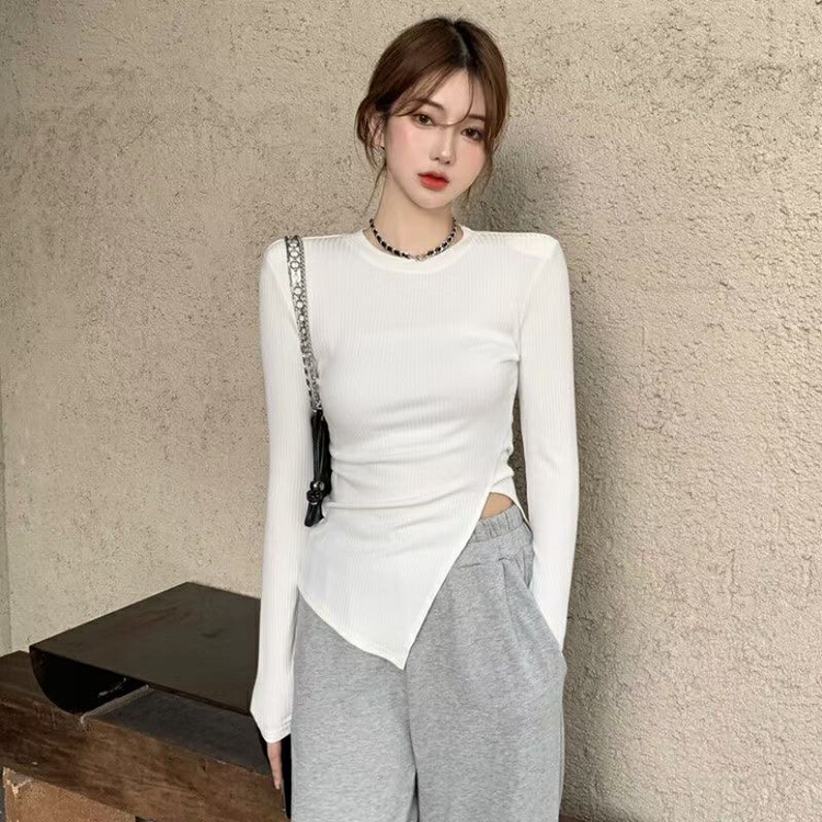 New year in early spring! [barley] side slit irregular slim fit high elastic knitted bottoming shirt 8066# hjy