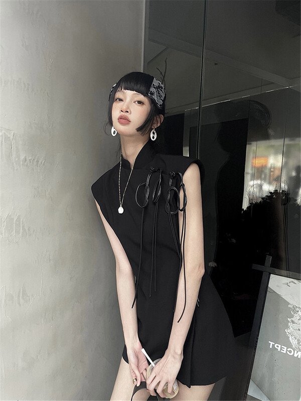 [Tan] new Chinese style buckle temperament stand collar dress d2827# zxx