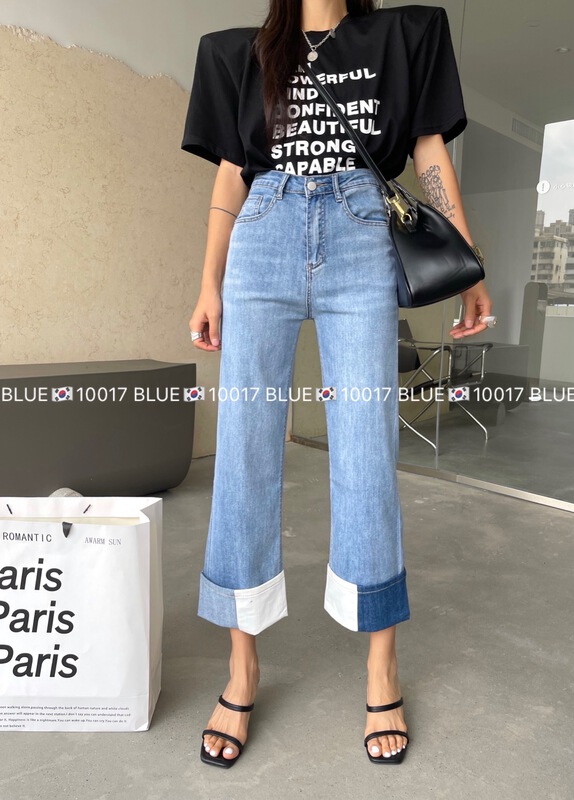 [blue] casual hem straight tube design jeans 10017# hjy