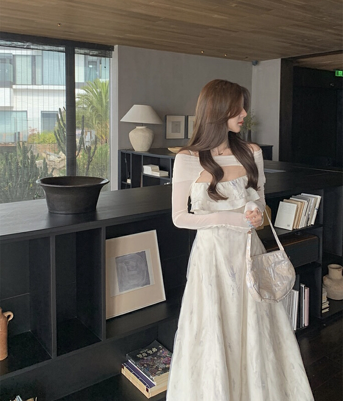 [Amanda] gentle wind halo dyed suspender mesh dress + mesh sunscreen blouse suit 9258# PCZ