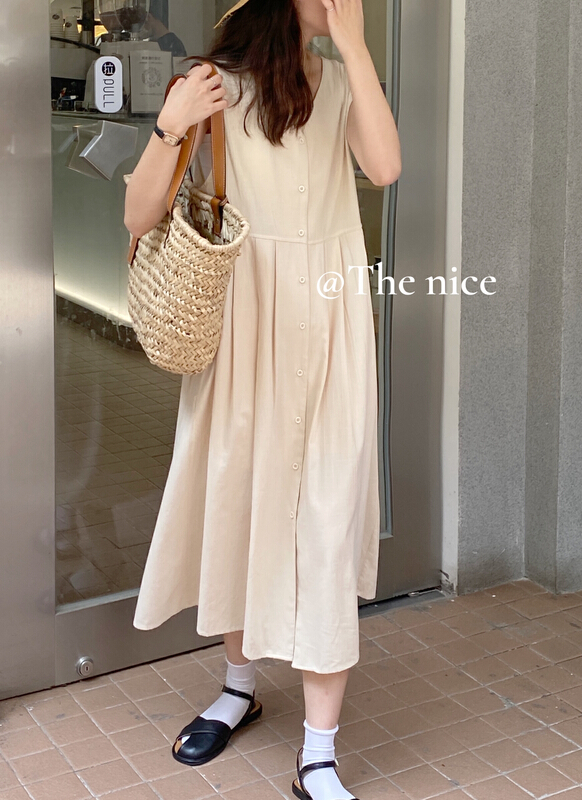 [the nice] Korean single breasted solid dress a6202# hjy