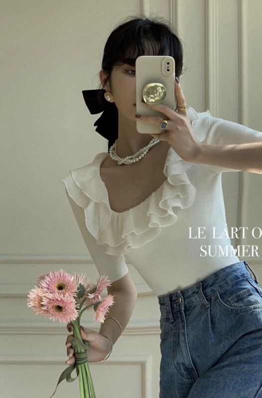 [1to3] clean color simple lotus leaf collar short sleeve T-shirt d8012# L