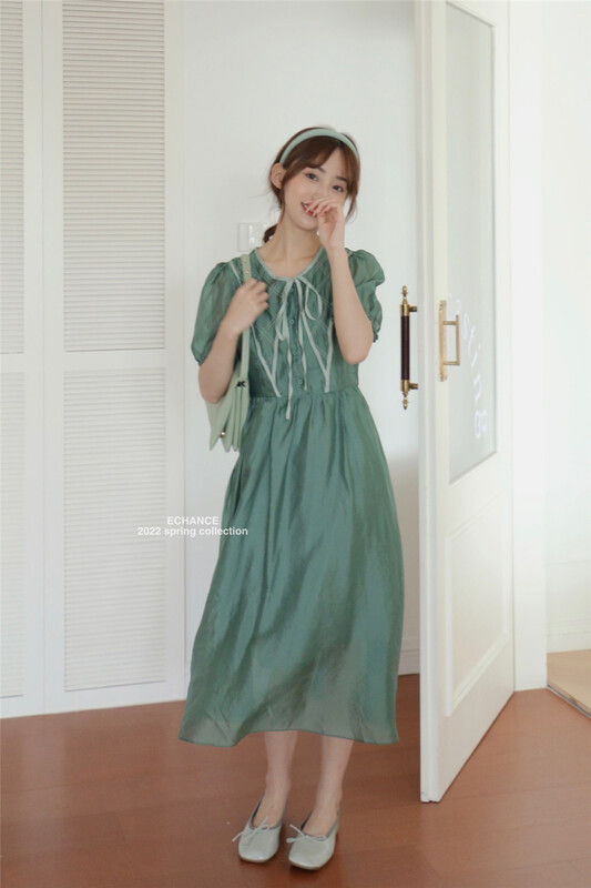 [echo] Korean style contrast color long neck lace up dress 2190# lwy