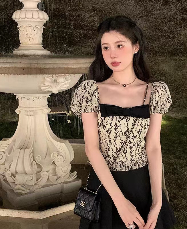 Square neck bow fashion blouse (with Brooch) 81206# zxx